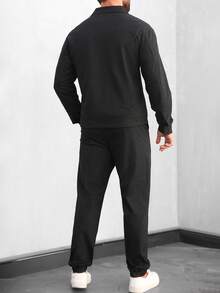 Manfinity Homme 2pcs Men's Elegant Houndstooth Jacquard Long Sleeve Zip-Up Jacket And Drawstring Elastic Waist Ankle Cuff Pants Set, Classic Hot-Selling Autumn/Winter Casual Outfit For Vacation, Dates, Parties, Office, Business - Black - View 2