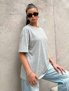 SHEIN EZwear 女士宽松圆领超大款灰色针织T恤 - 灰色 - 查看 4