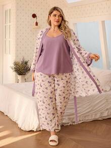 CottageSlumber Conjunto de camiseta y bata de color púrpura con estampado floral y contraste de color para tallas grandes - Morado - Ver 4