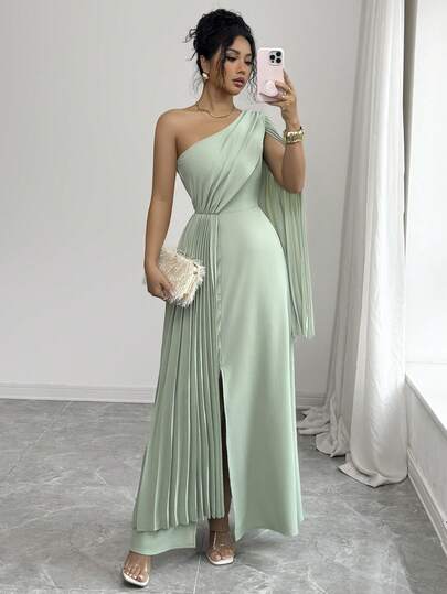 Elenzga Vestido largo de mujer de manga extra larga con un hombro, plisado en la cintura, abertura lateral y decoración plisada, cintura elástica, estilo elegante retro francés y minimalista, adecuado para oficina, viajes, negocios, casual, playa, diario, citas, boda, primavera/verano