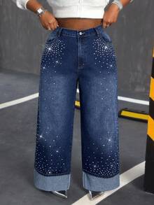 Slaydiva Plus Size Women High Waist Pockets Rhinestone Embellished Wide Leg Loose Casual Jeans Bling Jeans Pearl Jeans Star Pants Rhinestone Denim Embellished Jeans Black Jeans - Dark Wash - View 4