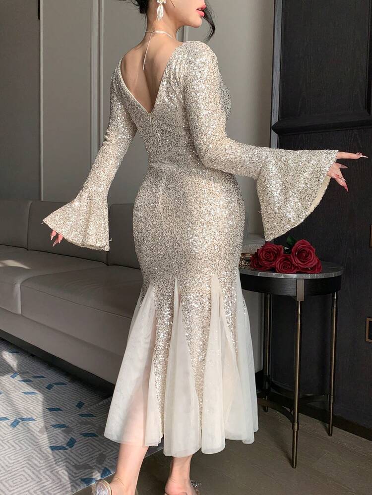 Women's Elegant Sequin Patchwork V-Neck Flare Sleeve Mid-Length Dress, Spring/Summer Wedding Guest Dress Sparkly Dress Maxi Dress Sundress