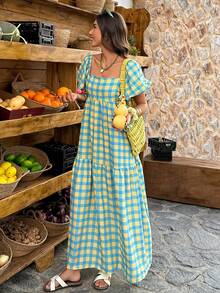 Selianne 黄绿格纹方领泡泡袖长款连衣裙 - 复古波西米亚风，适合度假、日常出行和休闲穿着，女士春夏连衣裙 - 彩色 - 查看 2