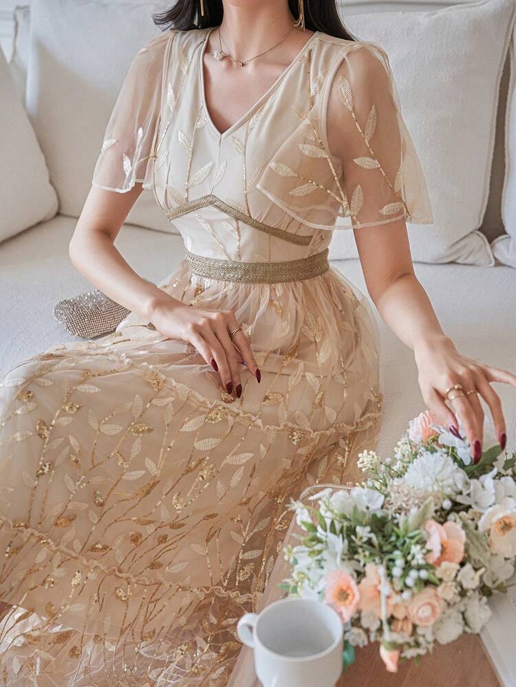 Women's Elegant Floral V-Neck Lace Patchwork Long Dress, Summer Spring Wedding Guest Dress Sundress