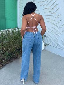 Alexandranx 春夏纯色粉色提花吊带背心，女士细肩带度假背心，提花上衣 - 粉色 - 查看 2