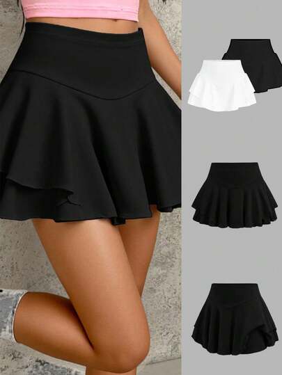 Girlism Tween Girls Black & White Knit High Waist Short Skirt With Shorts, Shorts Lining, Versatile Athleisure Yoga 2 Pieces Skirt & Shorts Set