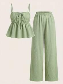 Girlism Tween Girls Tank Top Co-Ords, Casual Vacation Elastic Waist Wide Leg Pants, Fashionable For Spring/Summer - Green - View 4