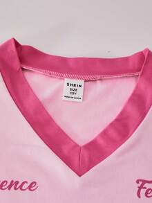 SHEIN ChillGRL Bộ đồ đôi cho bé gái tuổi teen gồm áo thun cổ chữ V lệch vai dáng rộng in chữ và quần ống đứng có túi, kiểu dáng tiện dụng, thích hợp cho mùa xuân/hè/thu. - Màu Hồng Tươi - Xem 7