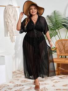 SHEIN CURVE+ Áo khoác đi biển màu đen trơn viền dành cho nữ cỡ lớn - màu đen - Xem 3