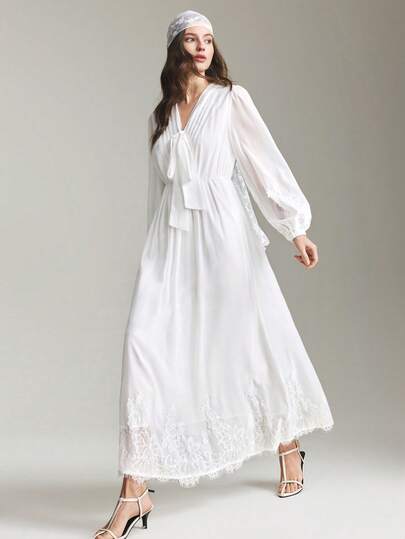 Ontre 2026ss Women's Elegant Solid Color Floral Embroidery Dress Beach Clothing, All Season  Ins Celebrity Same Style Vacation Style, Exotic Atmosphere, Country Concert, Western Style Clothing, High-Grade Fabric, Comfortable And Breathable Bohemian Style Vacation Wear Modern Urban Casual Fashion Business Casual Women's Office Wear Low-Key Old Money Style High-End, Elegant, Old-Fashioned Cruise Attire For Wedding Guests White Apricot Textured Fabric With Craft Embroidery