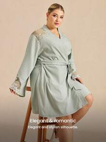 LUVLETTE Plus Women Soft 100% Pure Cotton Luxurious Lace Trim Tie-Front Airy Loungewear Pajama Robe Lingerie - Green - View 10