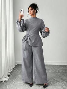 Elenzga 大码女士优雅灰色抽绳面料套装，露肩连衣裙，百搭款式，适合休闲、通勤、约会、派对、办公、毕业典礼、节日、情人节、音乐节、母亲节、万圣节、感恩节、复活节、国庆节、舞会、约会派对、婚礼季、户外活动等各种场合。 - 灰色 - 查看 4
