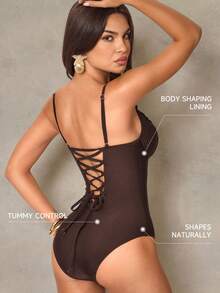 Shapewave Bộ bikini nữ mùa hè, kiểu dáng thường ngày, màu nâu đậm, đính hạt cườm, dây đeo có thể điều chỉnh, có chức năng định hình vòng bụng. - Cà phê nâu - Xem 8