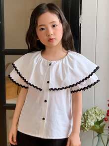 DAZY Blusa de manga corta de estilo coreano informal con volantes y detalles de color contrastante para niñas, primavera/verano - Blanco - Ver 5