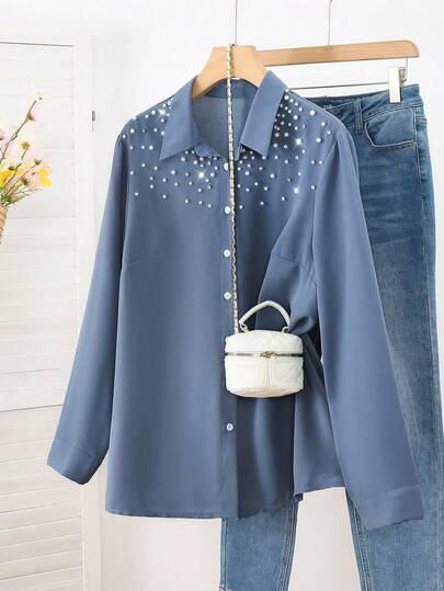 Modelyn Plus Size Pearl Embellished Solid Color Long Sleeve Fitted Blouse, Commuter Wear, Spring/Autumn