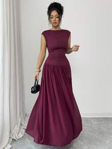 Selianne Robe longue plissée en mousseline de soie avec col Mao, manches larges et taille élastique en tricot pour femmes, rouge angora, élégante et sophistiquée, style romantique français rétro, convient pour le travail, les affaires, la plage, les occasions décontractées, simple et polyvalente, adaptée pour le mariage, la Saint-Valentin, le thé de l'après-midi, les fêtes, nouvelle arrivée pour le printemps/été - Bordeaux - Voir 3