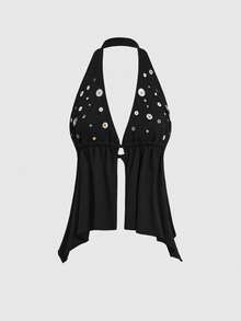 ROMWE Spring/Summer Y2K Sexy Tie-Up Button Design Women Halter Top - Black - View 1