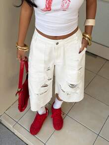StreetHx Fashionable Casual Street Style Distressed Pocket Low-Waist 7/8 Length Jeans - White - View 8