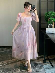 DAZY Đầm maxi mùa hè, lễ Phục Sinh, in họa tiết hoa Pháp, cổ bèo nhún, tay ngắn, thanh lịch dành cho nữ. - Màu tím hoa cà - Xem 7