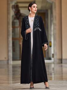 Layrah 随机米粒珠图案冰黑色流苏阿拉伯开衫长袍 - 黑色 - 查看 6