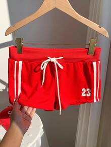 Comfortcana Quần short nữ dáng rộng, thắt dây eo, in số, kiểu dáng thường ngày. - Đỏ - Xem 4