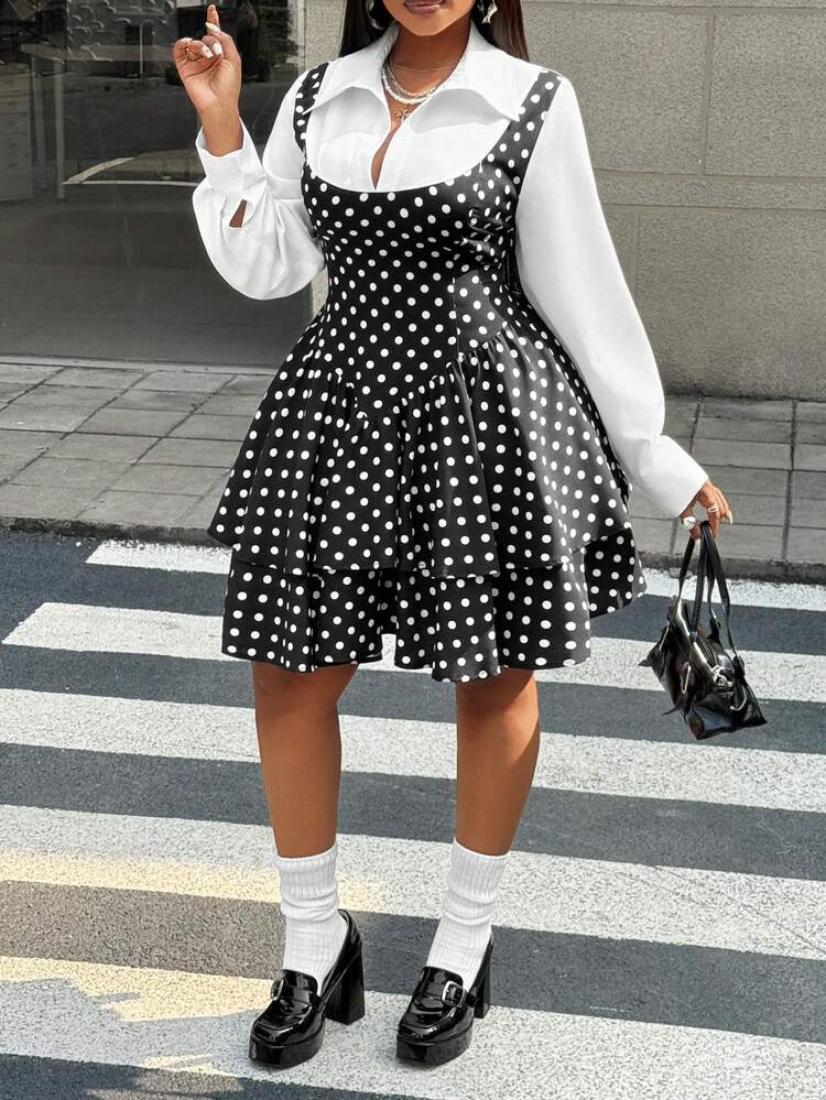 Maweii Plus Size Vintage French Polka Dot V-Neck 2 In 1 Waist Cinched Long Sleeve Dress - Black and White - View 1