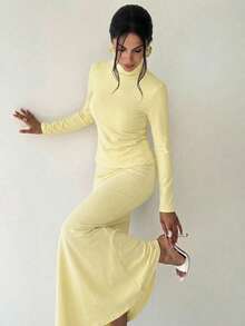Firerie Bộ trang phục thường ngày thanh lịch dành cho nữ, gồm áo dệt kim dài tay cổ đứng ôm sát màu vàng nhạt và chân váy ôm sát dáng đuôi cá, phù hợp cho các dịp thường nhật, công sở, hẹn hò, tiệc trà chiều, mùa xuân, trang phục giáo viên. - Màu vàng - Xem 2