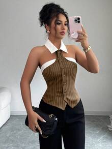 Elenzga 春夏新款優雅時尚女款棕色條紋抹胸修身短版上衣，適合休閒、約會與派對穿著，高雅性感女款上衣 - 卡其色 - 查看 6