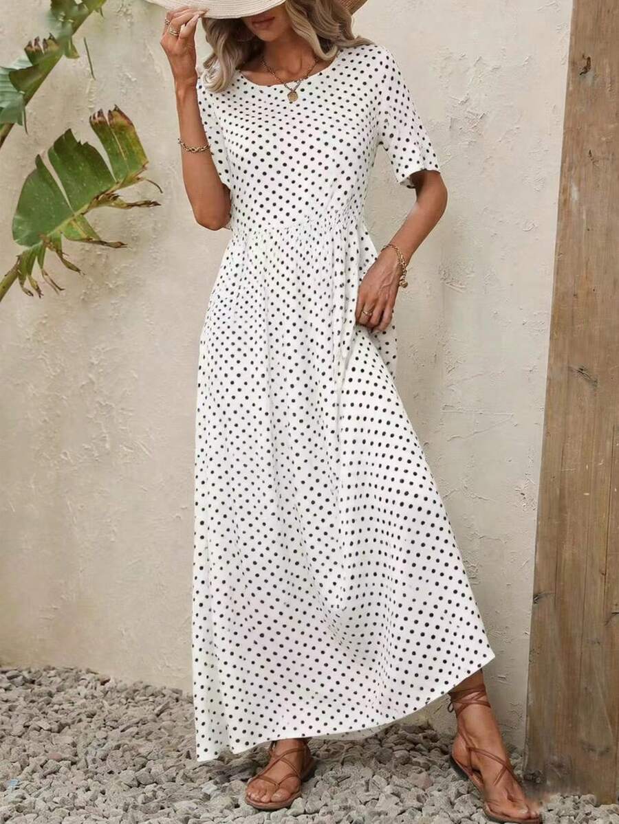 EMERY ROSE Polka Dot Print A-Line Dress Maxi Women Outfit - White - View 1