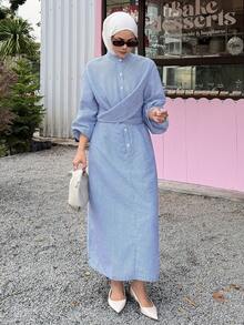 DAZY Vestido feminino elegante com listras e amarração cruzada, ideal para a primavera e o verão. - Azul - Ver 3