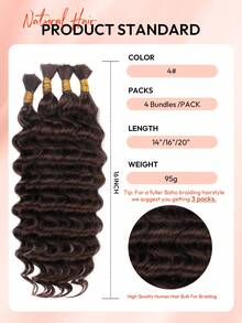 Boho Braids 100%真人发，适合波西米亚风编发，深波浪卷发，4束/包，95克，全头自然黑色散装真人发接发，适用于无结编发，湿波浪无纬预分离编发，女士真人发接发 - S4 - 查看 5