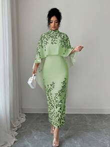 SHEIN Elenzya Đầm midi cổ cao thanh lịch in hoa kèm áo choàng - Màu xanh nhạt - Xem 3
