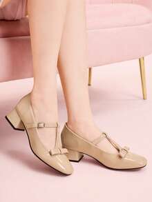 CUCCOO DOLLMOD Retro T-Word With Mary Jane Women's Shoes Women's Elegant Bow Shoes High Heels Square Toe French Patent Leather Shoes Valentine's Day - powder - View 4