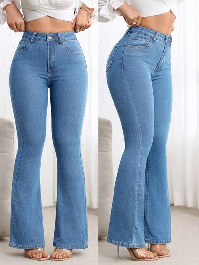 SHEIN PETITE Women's Solid Color Slant Pocket Skinny Flare Leg Jeans Flared Jeans For Women High Waist Jeans Boot Cut Jeans Women Jeans