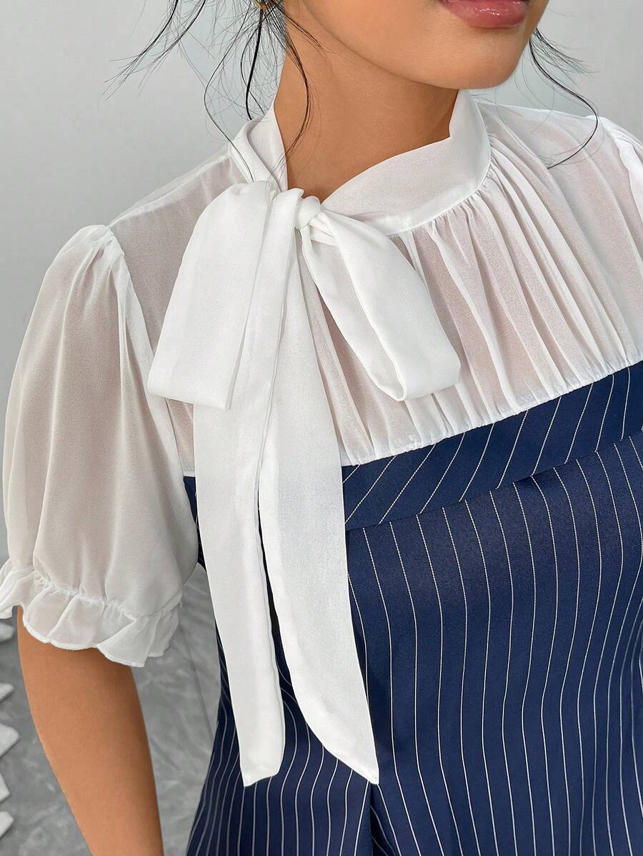 Elenzga 大码女式梭织常规早春优雅约会/通勤蝴蝶结领条纹雪纺拼接短袖衬衫 - 藍色 - 查看 1