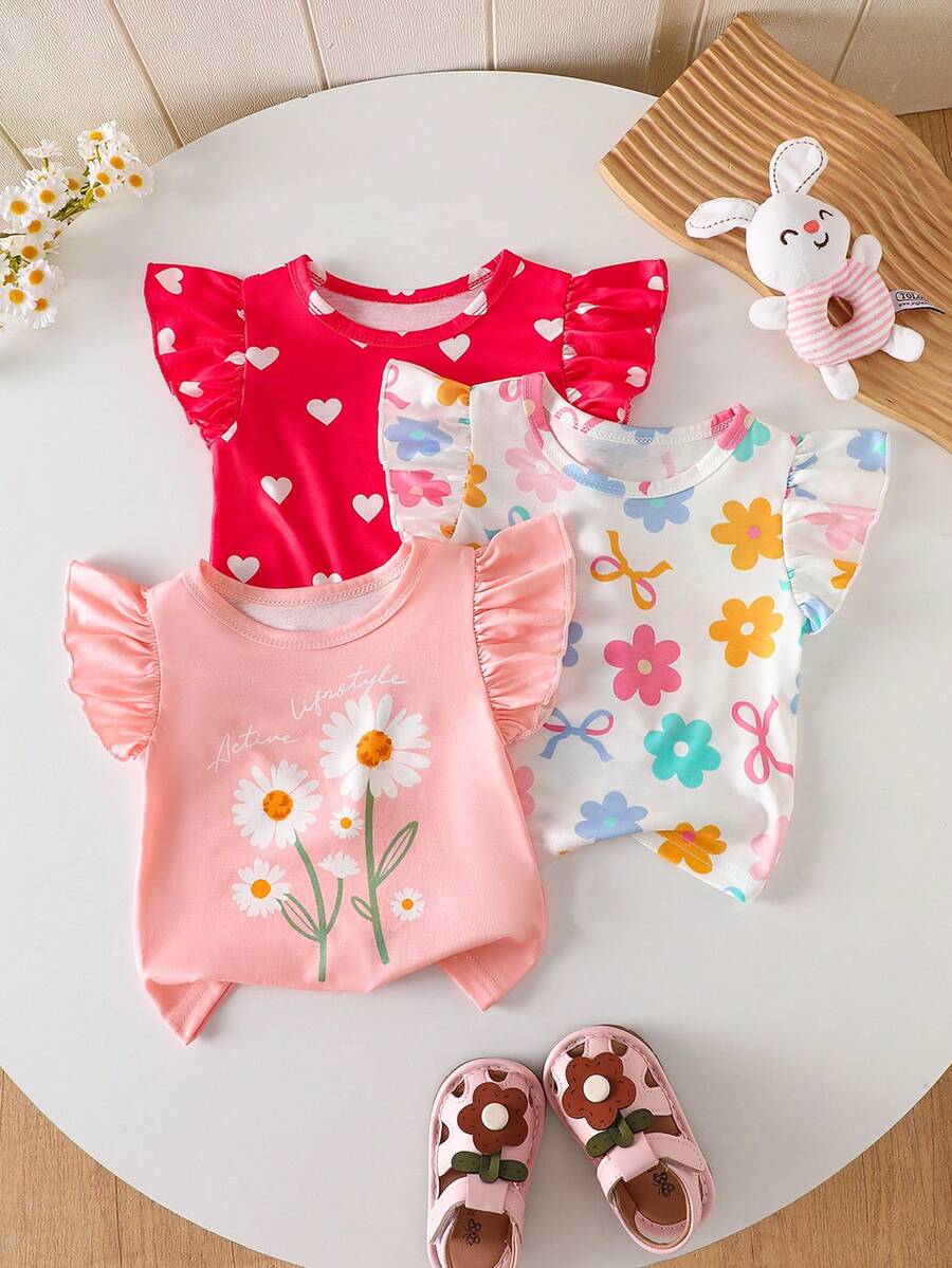 SHEIN Gentle Purple Stripe, 3D Bow Pattern, Young Girl Casual Simple Versatile Round Neck Cap Sleeve T-Shirt 1pc Suitable For Spring/Summer Daily Wear, - Multicolor - View 1