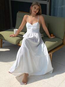 DAZY Vestido largo de noche con tirantes finos y encaje estilo vacaciones románticas para mujeres - Blanco - Ver 5
