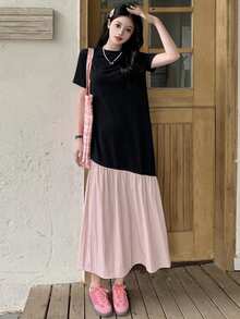 DAZY 女式长款拼布连衣裙、荷叶边连衣裙、休闲女装 - 黑色 - 查看 7