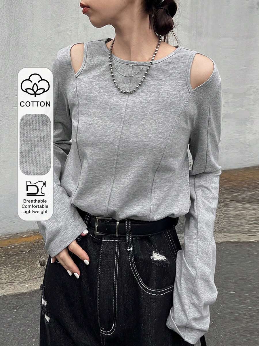 FRIFUL 女士露肩分叉T恤，夏季长袖女装 - 淺灰色 - 查看 1