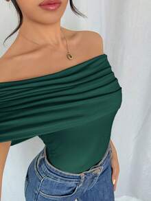 Rafferiza Women's Elegant Off-Shoulder Ruched Hem Bodysuit, Slim Fit, Summer - Dark Green - View 3