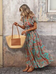 Brillora 春夏度假风梭织印花V领短袖连衣裙（女款） - 彩色 - 查看 5