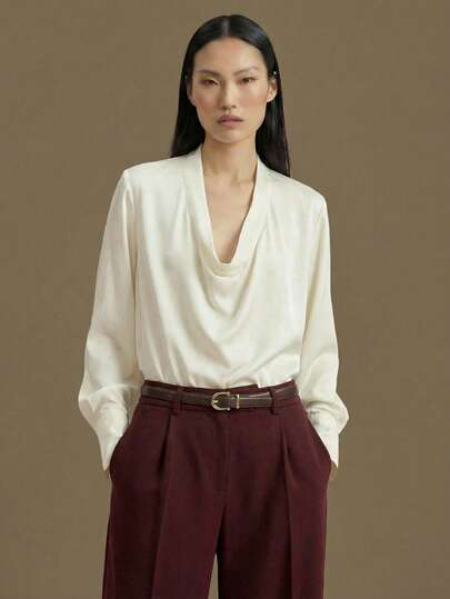 Ontre 2026SS Women's Comfortable, Skin-Friendly Matte Broken Card Fabric Shirt, Loose Fit, Turndown Collar, Long Sleeve, Front Center Placket Design, Minimalist Urban Casual Business Chic Office Wear, High-Quality Designer Simplicity Series Top Valentine's Day Special Design High-End, Elegant, Old-Fashioned Cruise Attire For Wedding Guests Modern Urban Casual Fashion Business Casual Women's Office Wear Low-Key Old Money Style Effortless Temperament High-End Urban Commuting High-Quality Airport Blouses