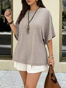 SHEIN VCAY Women's Plus Size Grey Summer Smart Casual Vacation Two Pieces Set,Flared 3/4 Batwing Sleeve T-Shirt & Shorts,Comfortable Daily Streetwear Outfit - Multicolor - View 1