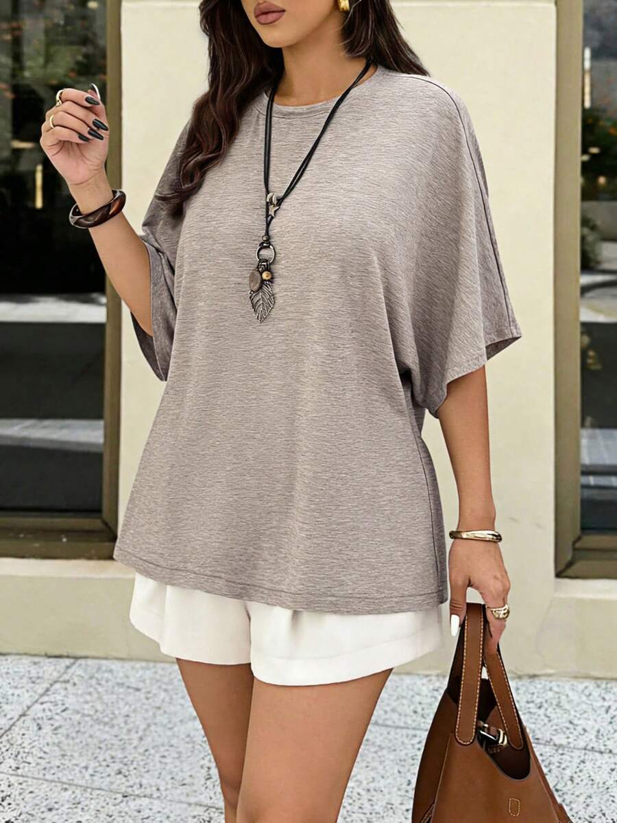 SHEIN VCAY Women's Plus Size Grey Summer Smart Casual Vacation Two Pieces Set,Flared 3/4 Batwing Sleeve T-Shirt & Shorts,Comfortable Daily Streetwear Outfit - Multicolor - View 1