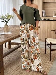 SHEIN PETITE 女士树叶印花不对称肩部上衣和直筒裤两件套休闲度假套装，春夏款 - 彩色 - 查看 5