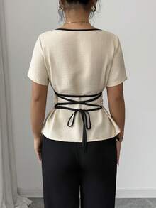 Elenzga Women's Elegant Casual Apricot & Black Bow Tie Design Ruched Waist Short Sleeve Fitted Blouse, Spring/Summer - Apricot - View 2