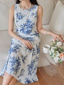 DAZY 女士优雅印花圆领无袖鱼尾中长连衣裙，夏季婚礼宾客礼服 - 藍色 - 查看 4