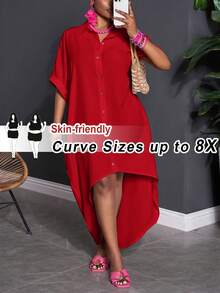 SHEIN CURVE+ 尺码 US22 适合音乐节、海滨度假、波西米亚风休闲纯色蝙蝠袖前扣连衣裙，女式加大码服装 - 紅色 - 查看 8