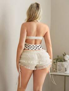 ROMWE Kawaii Bộ đồ 2 món Xuân/Hè: Áo hai dây chấm bi và quần short dáng suông. - Đen và trắng - Xem 2