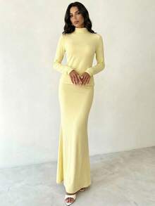 Firerie Bộ trang phục thường ngày thanh lịch dành cho nữ, gồm áo dệt kim dài tay cổ đứng ôm sát màu vàng nhạt và chân váy ôm sát dáng đuôi cá, phù hợp cho các dịp thường nhật, công sở, hẹn hò, tiệc trà chiều, mùa xuân, trang phục giáo viên. - Màu vàng - Xem 3